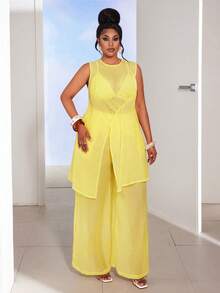 Maweii Plus Size Solid Color Sheer Round Neck Sleeveless Top And Wide Leg Pants 2 Pieces Set - Yellow - View 5