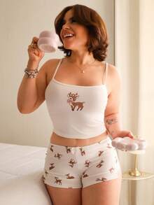 Lupita Cardoza 2件組女款緊身鹿花紋性感前衛套裝，含蝴蝶結肩帶鹿花紋超低腰迷你短褲，適合睡衣、休閒穿著與外出，可愛兩件式短套裝，女款泳裝高腰套裝，夏季短褲兩件式套裝 - 白色 - 查看 1