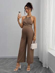 Momance Bộ áo liền quần bầu với cổ yếm đính hạt gỗ, chi tiết nơ thắt eo phía trước, quần dài đến mắt cá chân. Quần áo bà bầu, trang phục dự tiệc mừng em bé, áo liền quần bầu cho phụ nữ, áo liền quần cho bà bầu, trang phục bà bầu, áo liền quần cho phụ nữ mang thai, trang phục bà bầu, áo liền quần nữ. - màu nâu - Xem 4