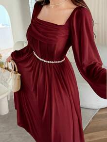Feyla Damen elegantes Kleid mit plissiertem quadratischem Kragen, taillierter Taille und Laternenärmeln, Frühling - Bordeaux - Übersicht 3