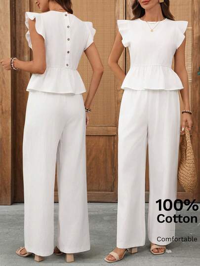 EMERY ROSE 2pcs Women Vacation Solid Color Round Neck Cap Sleeve Top And Pants Set Work Outfits For Women Office Casual White Summer Two Piece Set For Women Two Piece Outfits For Women Two Piece For Ladies Summer Outfits For Women Going Out Outfits Vacation Outfits Women Summer Holiday Outfits Casual Sets For Women Cotton Women's Clothing
