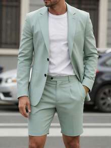 Manfinity Mode Men Stylish Light Green Suit Set With Shorts Casual Summer Blazer And Shorts, Men's Solid Color Long Sleeve Blazer And Shorts Suit Set, Classy Men Outfits/Pastel Green Suit, Formal - Green - View 1