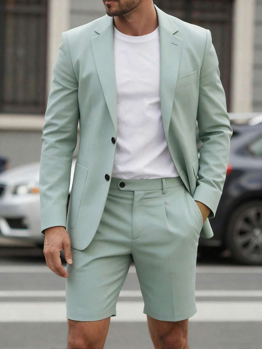 Manfinity Mode Men Stylish Light Green Suit Set With Shorts Casual Summer Blazer And Shorts, Men's Solid Color Long Sleeve Blazer And Shorts Suit Set, Classy Men Outfits/Pastel Green Suit, Formal - Green - View 1