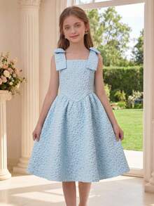 Pitira Mädchen Jacquard Blumen-Ärmelloses Kleid mit abnehmbarer Schleife, geeignet für Blumenmädchen, Hochzeitssaison, Valentinstag, Party, Geburtstag, Chinesisches Neujahrsfest und andere Anlässe - Blau - Übersicht 4