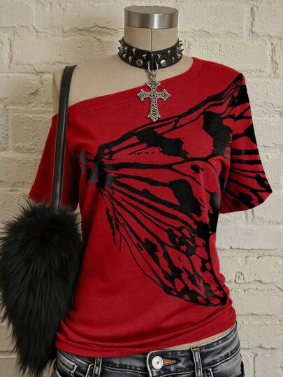 Glimmora Camiseta Assimétrica com Estampa de Borboleta Retrô Y2K Feminina, Camiseta Casual de Manga Curta Solta em Estilo Punk Rock da Moda