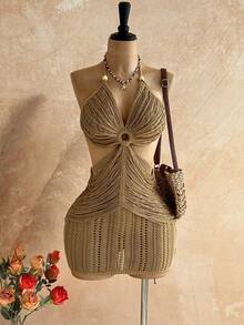 Soleia Vestido de punto mini con escote halter y espalda descubierta para vacaciones y playa - Albaricoque - Ver 4