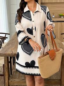 Weeklong Plus Size Casual Heart Print Button Front Shirt Dress - Multicolor - View 3