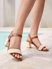 Styleloop Giày sandal đế vuông đế giữa, thoải mái, dễ chịu cho nữ, chất liệu vải dệt và da PU, thiết kế quai hai tông màu, phù hợp để mặc hàng ngày, dự tiệc, phong cách Boho, phương Tây, lễ hội âm nhạc - màu nâu - Xem 6