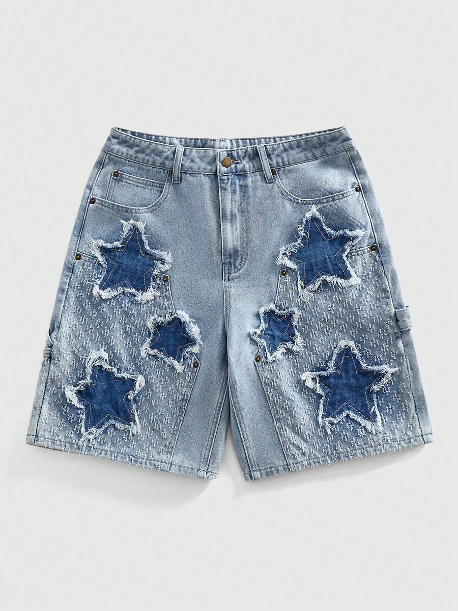 ROMWE MEN Street Life Men's Contrast Color Pocket Casual Cargo Denim Shorts - Blue - View 1