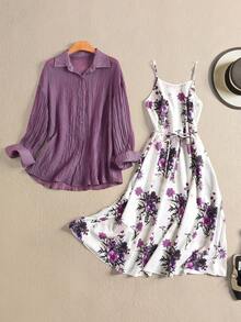 Rusticease 女士休闲印花连衣裙和薄纱衬衫两件套，夏季 - 紫色 - 查看 3