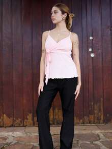Ananda Vibes Women Plain Color Casual/Fashionable Outing/Versatile Casual/Old Money Style Patch Pocket Wide Waistband Simple Commute Office Low-Waist Loose Wide Leg Pants, Autumn/Winter Women Pants, Pants, Women's Dress Pants, Work Wear, Vintage Style Leopard Print - Black - View 6