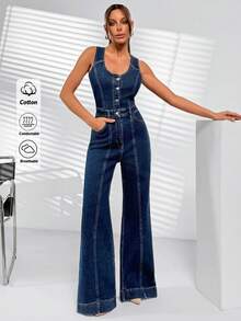 SHEIN Women Wide Leg Front Button Washed Fashionable Overall Denim Long Jumpsuit - Light Wash - View 5