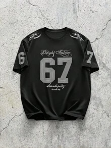 EVRINFINITE Herren lässiges, locker geschnittenes T-Shirt mit Nummer- und Buchstaben-Muster, Drop-Shoulder, Schwarz, Sommermoden - Schwarz - Übersicht 1
