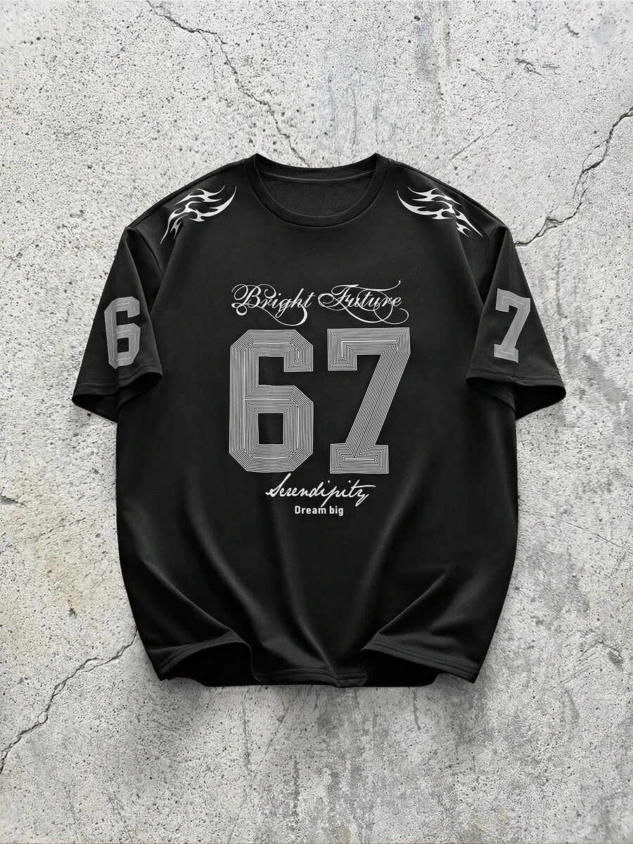 EVRINFINITE Herren lässiges, locker geschnittenes T-Shirt mit Nummer- und Buchstaben-Muster, Drop-Shoulder, Schwarz, Sommermoden - Schwarz - Übersicht 1