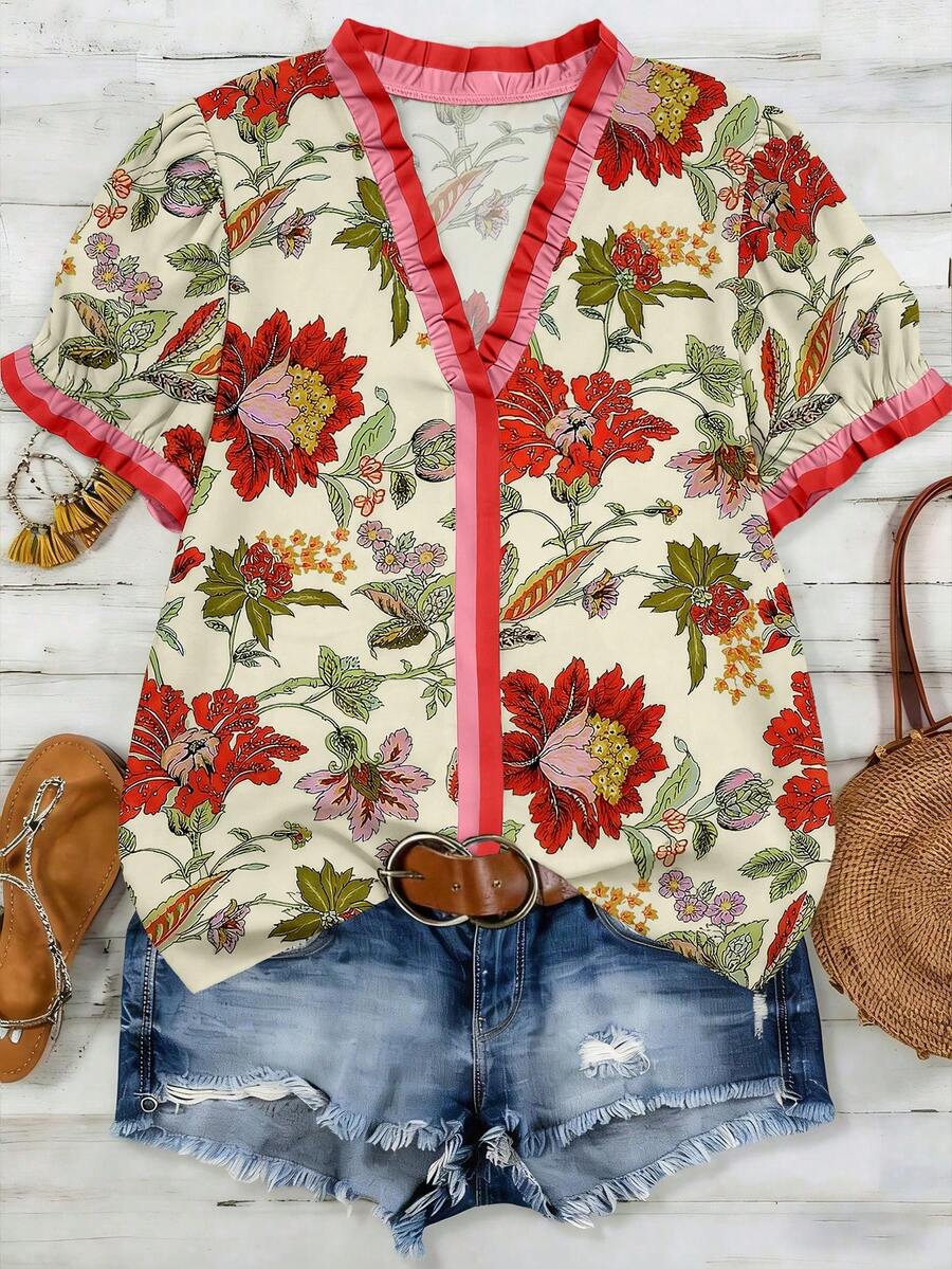 Linhara Áo sơ mi nữ cỡ lớn, dệt in họa tiết, phong cách thường ngày, thích hợp cho kỳ nghỉ hè. - Đỏ - Xem 1