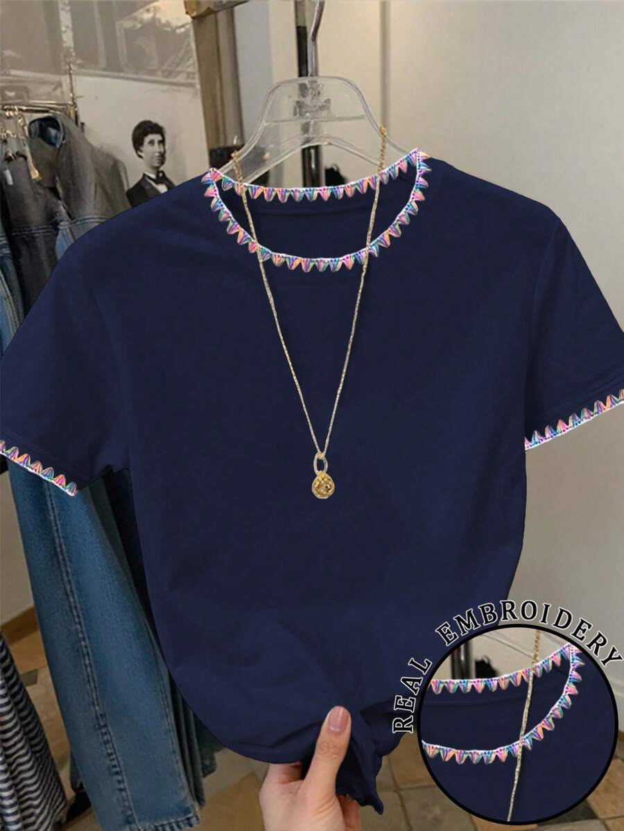 Resyla Women's Casual Contrast Trim Embroidered T-Shirt, Summer - Navy Blue - View 1