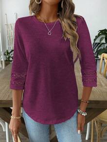 EMERY ROSE Women Solid Color Casual Crew Neck Hollow Out Sleeve Tee Graphic Tees Women Tops - Burgundy - View 4