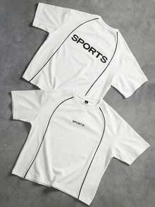 PAVTROS 男士春夏字母刺绣拼接短袖T恤，适合日常休闲穿着 - 白色 - 查看 4