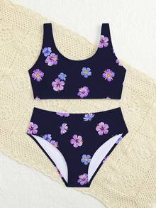 SHEIN 少女紫色碎花比基尼套装，适合夏季海滩、海边、旅行和度假穿着，青少年泳装，少女泳衣，两件式泳衣，少女泳装套装，两件式泳衣，青少年全包式泳衣 - 彩色 - 查看 3