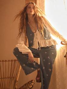 MOTF STUDIO 牛仔刺绣碎花背心外套和阔腿牛仔裤套装 - 藍色 - 查看 5