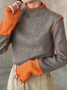 FRIFUL Kaos Pullover Wanita Lengan Panjang Kerah Tinggi dengan Manset Pas, Blok Warna, dan Hiasan Hem Bergelombang - Grey - View 3