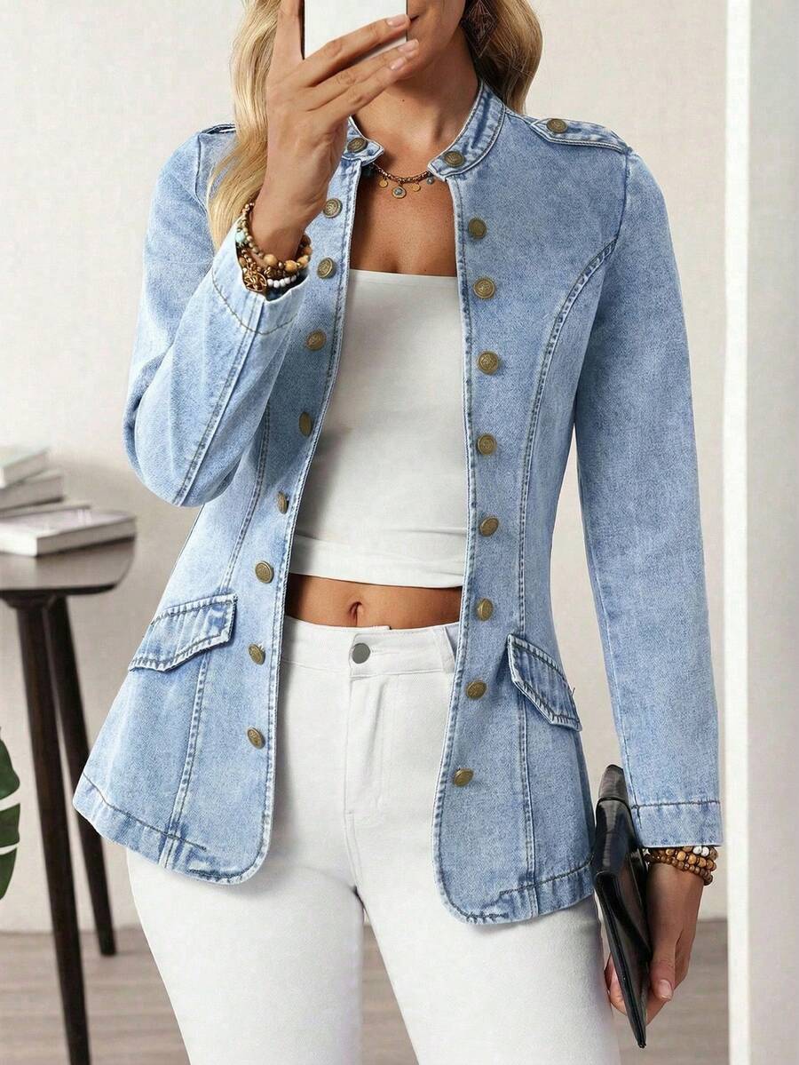 EMERY ROSE Plus Size Lapel Long Sleeve Double-Breasted Fashionable Versatile Denim Jacket - Blue - View 1