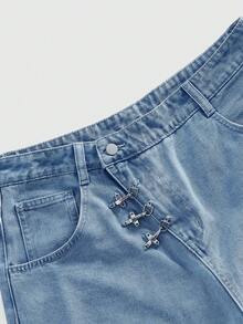 ROMWE MEN Street Life Men's Denim Oblique Placket Snap Button Shorts - Baby Blue - View 3