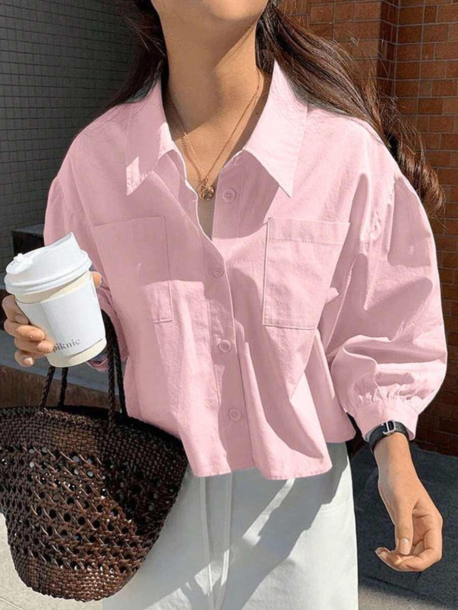 SHEIN Bubbli 宽松短款落肩夏季前开襟长袖衬衫 - 粉色 - 查看 1