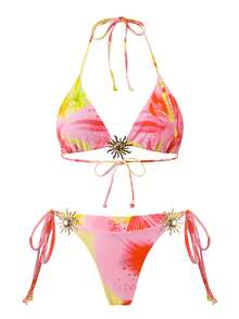 Swim Oasis 3件套纯色三角无钢圈吊带上衣、侧系带泳裤和网纱裙，女士夏季沙滩度假泳装套装，女士度假套装 - 彩色 - 查看 4