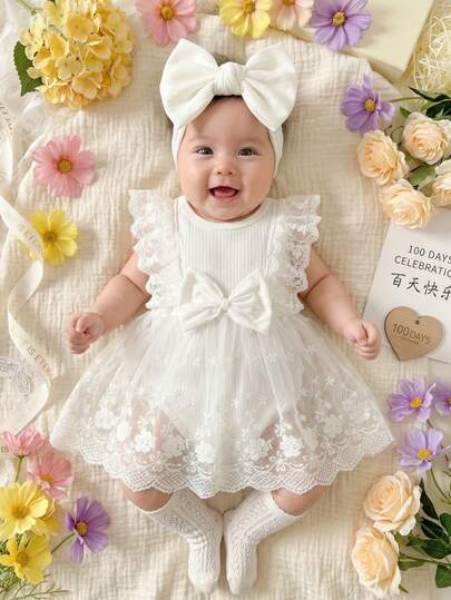 SHEIN Newborn Baby Girls Summer White Sweet Princess Style Lace Bow Floral Embroidery Sleeveless Romper Dress, Loose Ruffles Version, Suitable For Daily Outings, Leisure Trips, Family Gatherings, 100Day Birthday Parties And Photo Sessions, Infant Girls Dress Bodysuit,Baby Girls Summer Dress,Newborn Baby Baby Bodysuits Newborn Romper Infant Bodysuits Unisex Baby Clothes Neutral Baby Clothes Baby Girl Clothes Baptism Dresses For Girls