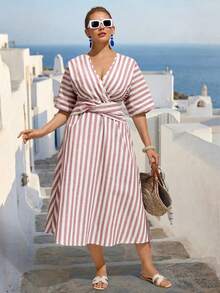Breezaya Zanzea Plus Size Women's Vertical Striped Dress,Cotton Linen Holiday Beach Vacation Outfits,Summer Tropical Tea Party Casual Pastel Pink Spring Dress - Pink - View 9