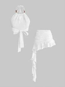 ROMWE Y2K Bộ đồ 2 món gợi cảm cho kỳ nghỉ lãng mạn: Váy dệt kim jacquard màu trắng hở lưng, dây buộc, vạt bất đối xứng dành cho nữ. - trắng - Xem 11