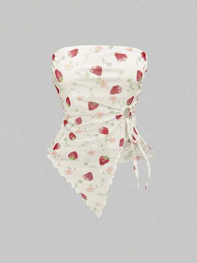 ROMWE Kawaii Summer Outfits Plus Size Women Summer Casual Strawberry Print Asymmetric Hem Tube Top