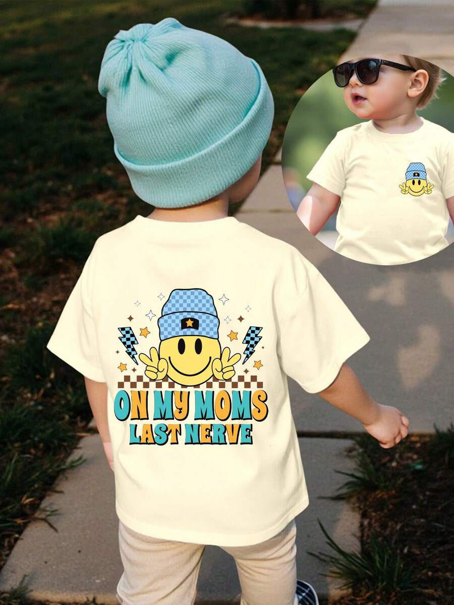 Baby Boys' Summer Casual T-Shirt,Cute Checkerboard Smiling Face Letter Graphic Print Short Sleeve Tee ON MY MOM'S LAST NERVE,Rainbow,City Break - Apricot - View 1
