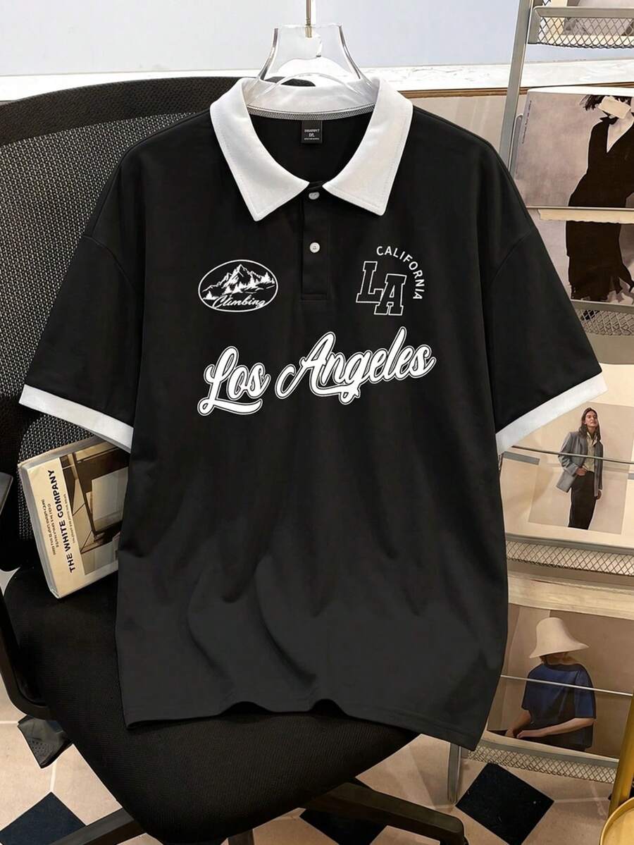Manfinity Joysei 大码男式拼色字母印花 Polo 衫 - 黑色 - 查看 1