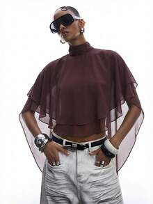 LYSMO 2026新款极简主义棕色丝带不对称下摆Y2K 2000年代风格休闲上衣，春夏款 - 棕色 - 查看 4