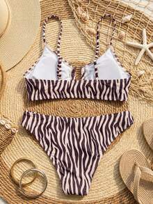 SHEIN Swim 女款夏季新款 2 件套 V 領 U 型肩帶拼接低腰斑馬紋比基尼泳衣套裝 - 咖啡棕 - 查看 2