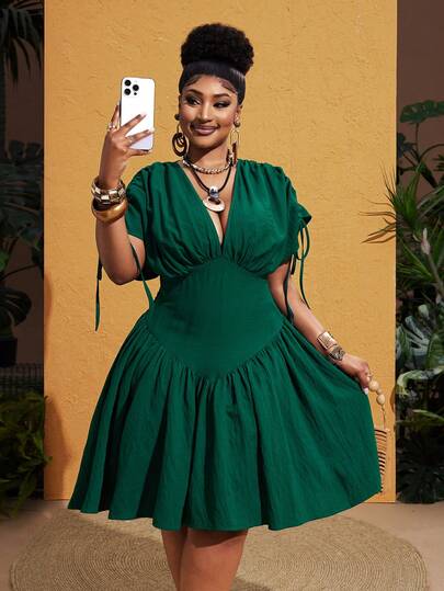Maweii Vestido de talla grande con cuello en V, de alta calidad, casual y cómodo con cintura ceñida