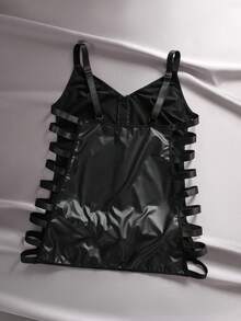 EmpressEnvy Plus Size Charming Red PU Leather Zipper Side Boned Multi-Strap Patchwork 2 Pieces Sexy Lingerie Dress Set Black Leather Lingerie For Women Plus Size Body Suit Black Faux Leather Lingerie Lingerie Set Seductive Plus Size Lingerie For Women Roleplay Plus Size Bodysuits For Women Plus Size - Black - View 2