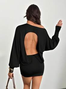 SHEIN Tall Đầm ngắn ôm sát người màu nâu cà phê dệt kim, thiết kế bất đối xứng vai và hở lưng dành cho nữ. - màu đen - Xem 2