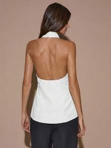 Blusa elegante de color café sólido con cuello halter sin espalda para mujer, top elegante, top con estilo de envoltura cruzada, otoño/invierno - Blanco - Ver 2