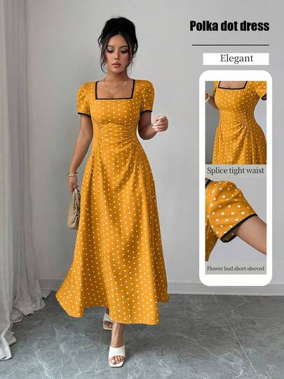 Rafferiza 春夏常规款女士方领短袖拼接腰部褶皱喇叭下摆黑色杏色波点印花长裙，法式休闲优雅风格，适合学术、度假、旅行、家庭聚会、毕业派对、音乐节等场合。