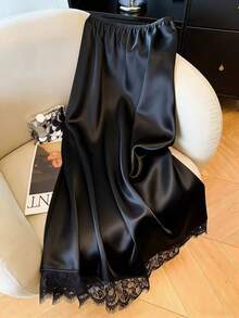 Franclia Satin Finish Apricot A-Line Skirt With Lace Hem, High-End Design For Women - Black - View 4