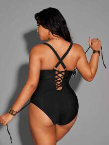 Shapewave Áo tắm liền thân cỡ lớn, màu trơn, chất liệu vải dệt kim, hở lưng, dây chéo. - màu đen - Xem 2