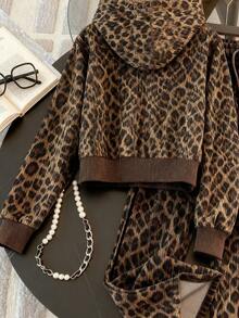 Franclia Women Leopard Print Zip Front Hoodie And Pants Casual Tracksuit Set - Brown - View 2