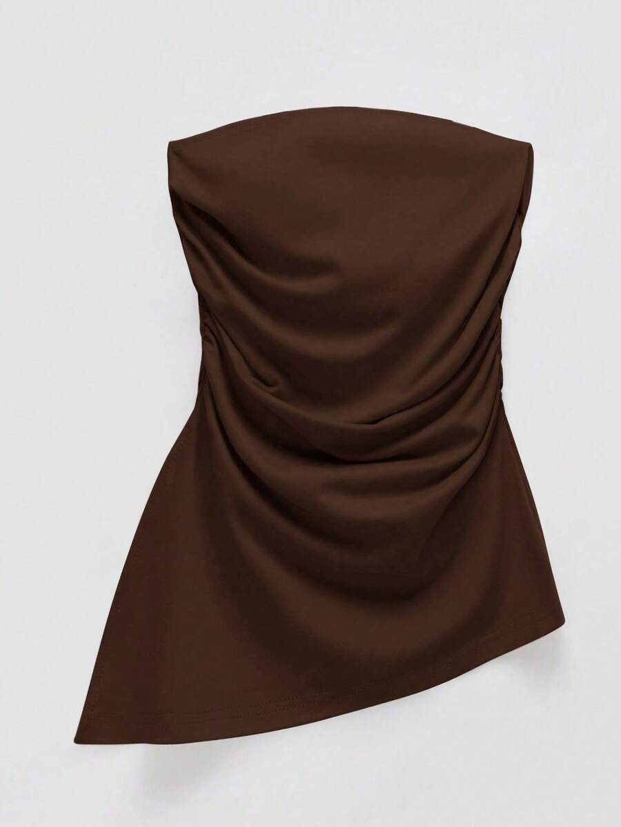 SHEIN EZwear Plus Size Coffee Brown Ruched Strapless Elastic Knit Top - Coffee Brown - View 1