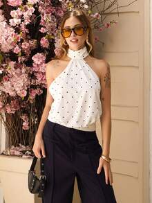 Ananda Vibes Áo hai dây dệt kim cổ cao chấm bi mùa hè dành cho nữ, không tay, tối giản, thoải mái và đa năng, đi làm hàng ngày - trắng - Xem 6