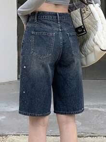 DAZY Women's Casual Washed Rhinestone Decorated Wide Leg Jeans - Blue - View 2