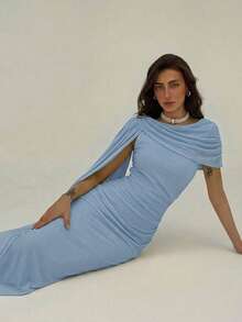 Aloruh Đầm xếp ly ôm dáng thanh lịch dành cho nữ, màu trơn, thích hợp cho tiệc tùng. - Màu xanh nhạt - Xem 5