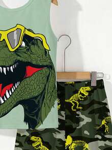 Tween Boy Sage Green Dinosaur Pattern 2-Piece Tank Top And Shorts Set,Summer Casual Beach Holiday Vacation Style Camouflage Soft Comfortable Outfit - Multicolor - View 6